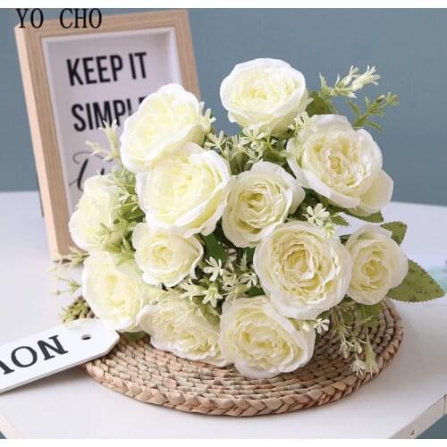 YO CHO Rose Flower Bouquet 12 Heads Rose Bridesmaid Wedding Bouquet Flower Arrangement Fake Silk Flowers Home Party Decorations