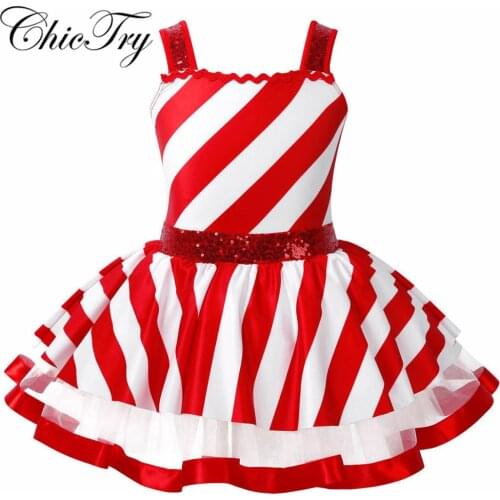 Kids Girls Christmas Dance Cosplay Costumes Shiny Sequins Striped Figure Ice Skating Roller Skating Ballerina Leotard Tutu Dress
