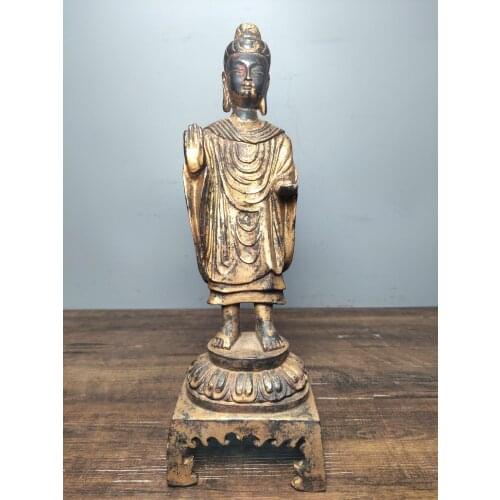Home Decor 12"Tibet temple Old Bronze Lacquer Cinnabar Northern Wei Buddha Sakyamuni Standing Buddha Enshrine the Buddha