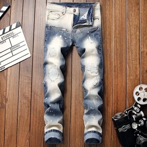 Mens Vintage Washed Hole Denim Pants Patchwork Stretchy Slim Fit Straight Jeans Men Distressed Casual Pleated Classic Male Jeans