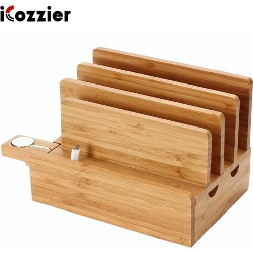 ICozzier 4-Slot Bamboo Watch Stand Removable Multi-device Charging Station and Cord Stand Dock for i Watch, MacBook Air ,Tablets