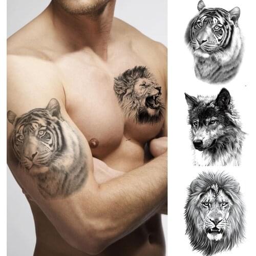 Lion Tiger Cool Temporary Tattoo Sticker Fashion Wolf Waterproof Animal Body Art Arm Tatto Fake Removable Tatoo for Men Women