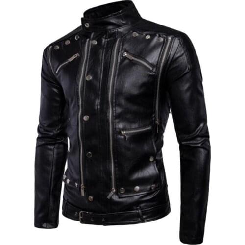 Leather jacket mens autumn winter models personalized motorcycle clothing stand collar casual multi-zipper rivet large size PU