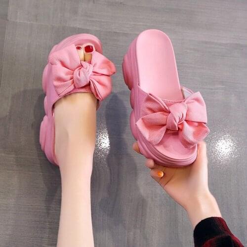 Sweet pink thick-soled womens shoes summer new style outer wear fashionable slope heel increase bow sandals and slippers