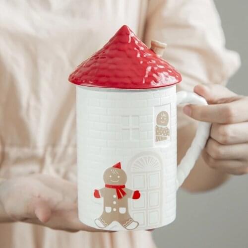 New gingerbread man red house cottage shape ceramic mug coffee cup with lid home tea cup for family and friends holiday gifts