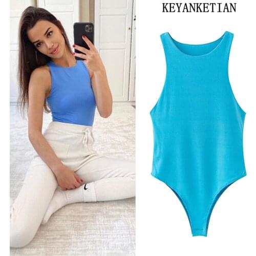 KEYANKETIAN Sexy fashion solid color stretch slim bodysuit retro O-neck sleeveless womens jumpsuit chic top