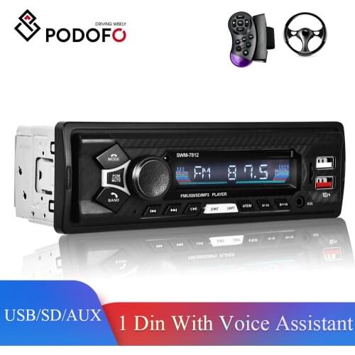 Podofo 1Din Bluetooth Car Radio USB/SD/AUX MP3 Player With Voice assistant Remote Control 1Din Digital Stereo