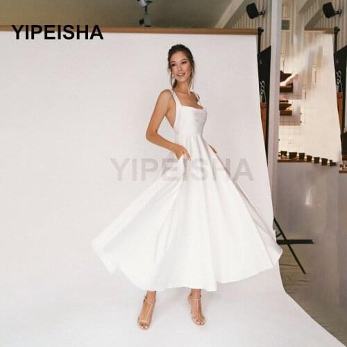 Simple Square Collar Tea-Length Evening Dresses Spaghetti Strap Backless A-Line Sleeveless Prom Party Gown vestidos de fiesta