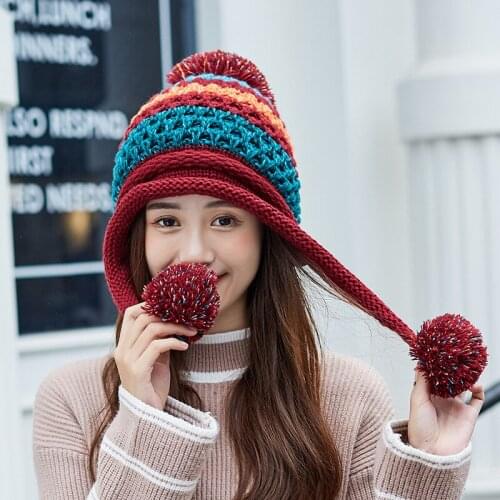 2020 Wool Hat Womens Korean-Style New Color Matching Fluffy Ball Knitted Triple Furry Ball Ear Protection Warm Hat Winter