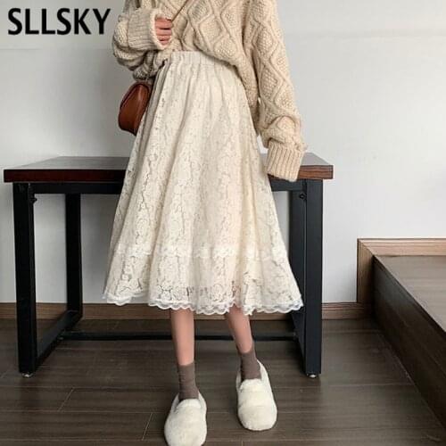 SLLSKY Elastic High Waist Lace Skirt Women Korean Version Spring Autumn New Slim Hollow Out Skirt Mid-Calf Female Party Skirt