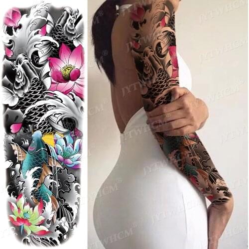 Full Sleeve Tattoo Rose Lotus Clock Fish Waterproof Temporary Tattoo Sticker Lion Wolf Sketch Body Art Large Arm Fake Tato Women