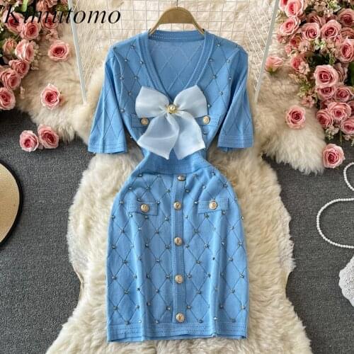 Kimutomo Bowknot Knitted Dress 2021 Early Autumn New Style Female V-neck Short-sleeved Single-breasted Heavy Beaded Slim Robes