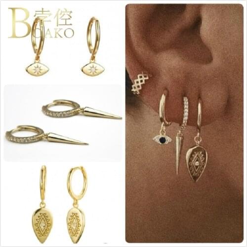 925 Sterling Silver Earrings For Women Evil Eye Zircon Earrings Gold Spike Pendant Aretes Bohemia Girl Long Drop Earrings