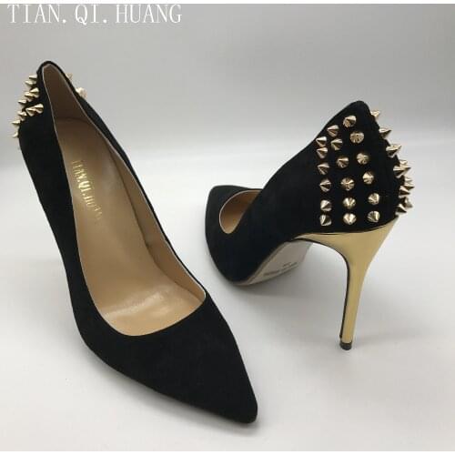 2017 New Styles Rivet Women Pumps Genuine Leather High Heels Fashion Casual Spring and Autumn Shoes WomanTIAN.QI.HUANG