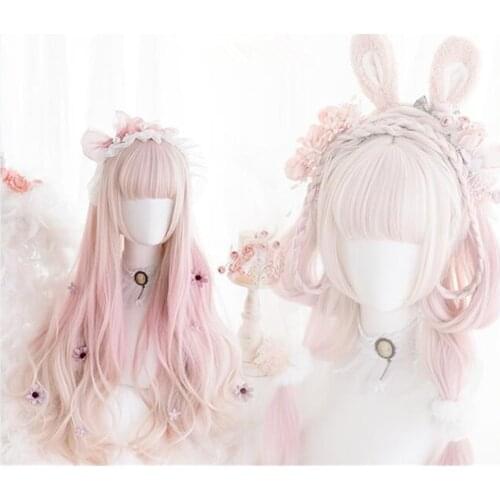 Lolita Girl Long Curly Pink Cute Party Cosplay Women Wig D057