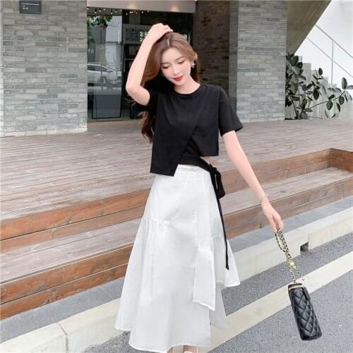 2021 Summer New Womens Suit Casual Hem Lrregular Tops + Medium Length High Waist Skirt Umbrella Skirt Two Piece Dress