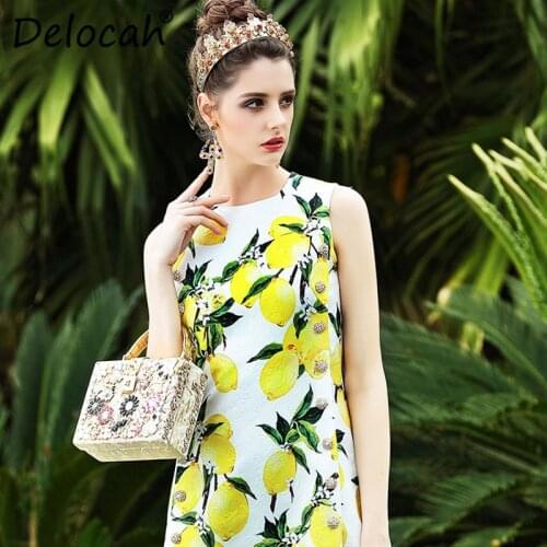 Delocah Summer Fashion Designer Dress Womens Sleeveless Gorgeous Crystal Button Lemon Printed Casual Dress High Quality