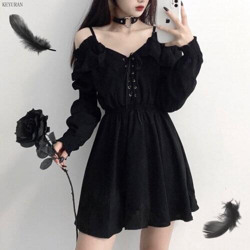 Women dress demon girl original black spring and autumn 2021 sexy high waist femme dress shoulder long sleeve gothic dress