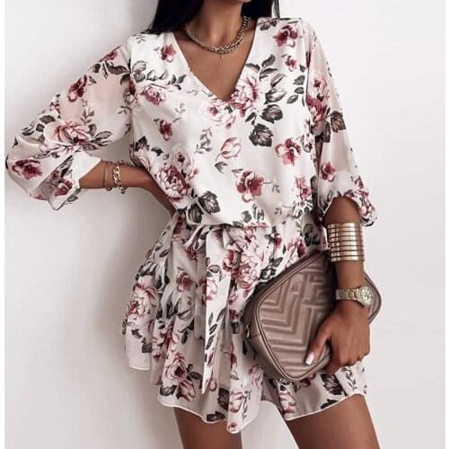 Vintage Ladies Short Autumn V-neck Bohemian Flower Print Dress Elegant Holiday Beach Large Size Belt Long Sleeve Women Dresses
