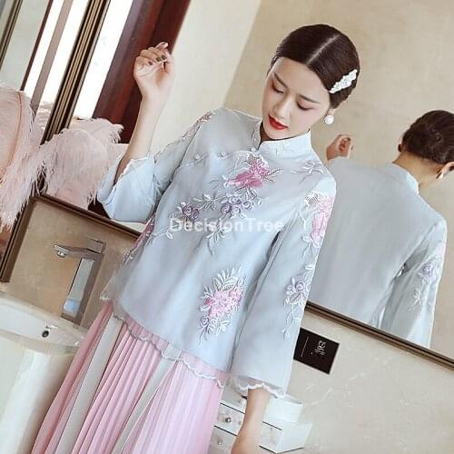 2021 daily stand collar cheongsam top chinese women floral embroidery mesh tang blouse tang suit ladies qipao tea shirt