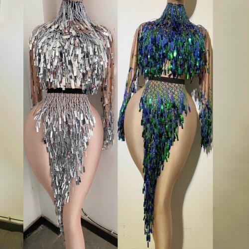 Shiny Fringes Bodysuit For Female Singers Clothing Rumba Dress Long Sleeve Jumpsuit GOGO Dancer DJ Outfit Sexy Nightclub Costume