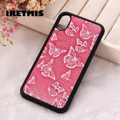 Iretmis 5 5S SE phone cover cases for iphone 6 6S 7 8 Plus X Xs XR 11 12 Mini Pro Max White Butterflies Pink Wall Background