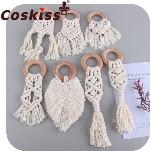 Coskiss Baby Beech Wood Toy Teether New Hand-Woven Cotton Rope Molar Stick Shape Pacifier Wooden Teether Newborn Feeding Gifts