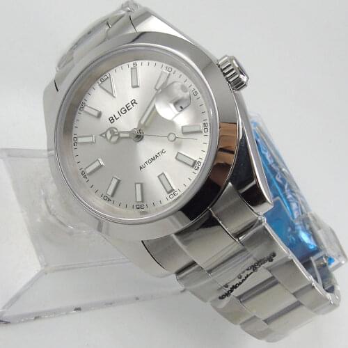 BLIGER 36mm Business Silver Dial Polished Men Watch MIYOTA 8215 Automatic Polished Bracelet Solid Back Sapphire Crystal