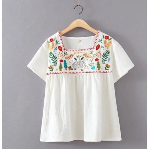 Mori Girl Leaves Gardener Hedgehog Embroidery Floral Ethnic Vintage White Boho Hippie Blouse Loose Tops Blusa Feminina Hot Sale