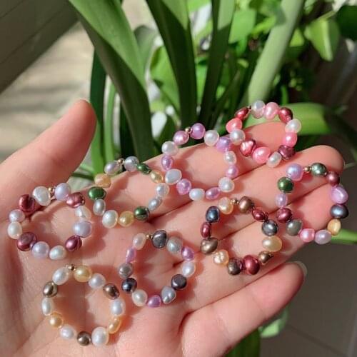 Elegant Real Natural Freshwater Pearl Rings Elastic Colorful Flower Baroque Pearl Finger Ring for Women Party Wedding Jewelry