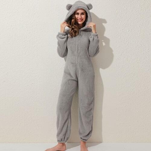 Adults Animal Sleepwear Long Sleeve Hooded Fleece Comfortable Pajamas Casual Winter Warm Solid Cute Bear Ladies Pajamas