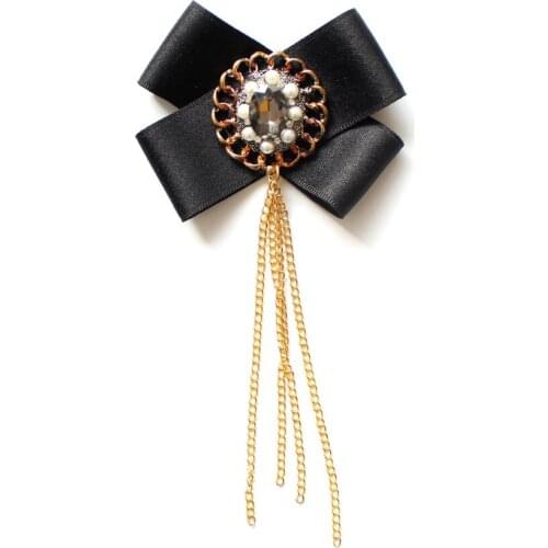 Elegant Women Retro Sweater Shirt Collar Bow Tie Handmade Alloy Metal Rhinestone Butterfly Chain Tassels Uniform Crystal Bowtie