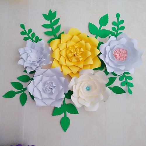 Ready Giant Paper Rose Flower Templates with Tutorial For Wedding Backdrop Baby Nursery Fashion Trade Show With Leaves