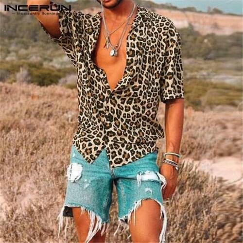 INCERUN Summer Fashion Shirt Men Leopard Print Short Sleeve Lapel Neck Hawaiian Beach Tops Streetwear Shirts Men Camisas Hombre
