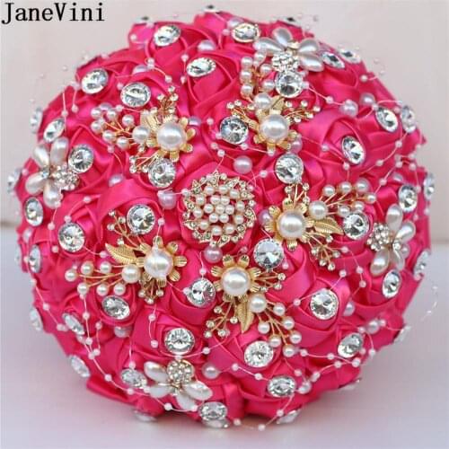 JaneVini Luxury Gold Decoration Crystal Wedding Bouquet Pearls Beaded Diamond Bridal Ribbon Flowers Royal Blue Hot Pink White