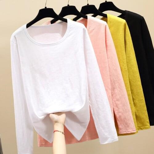 Korea Bamboo Fiber Cotton T Shirt Women 2021 Autumn T-Shirt Woman Casual Top Tee Female Pink Long Sleeve Tshirt Basic Winter