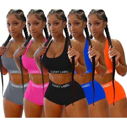 LUCKY LABEL Letters Print Sexy Slim Suit Women Casual Two Piece Set Sleeveless Vest Crop Top Sporty Shorts Tracksuit