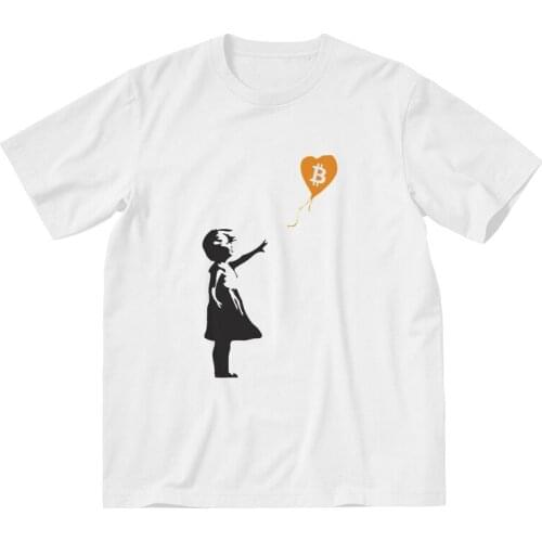 Fashion Balloon Girl T Shirt Mens 100% Cotton Print T-shirt Funny Tshirt Short Sleeve Banksy Loves Bitcoin Tee Tops Gift