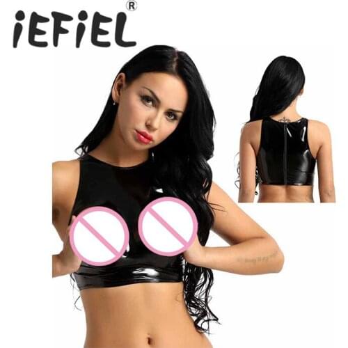 Fashion Female Women Wetlook Faux Leather Sleeveless Open Bust Hollow out Sexy Short Vest Tops Tank Tops for Clubwear Nightwear
