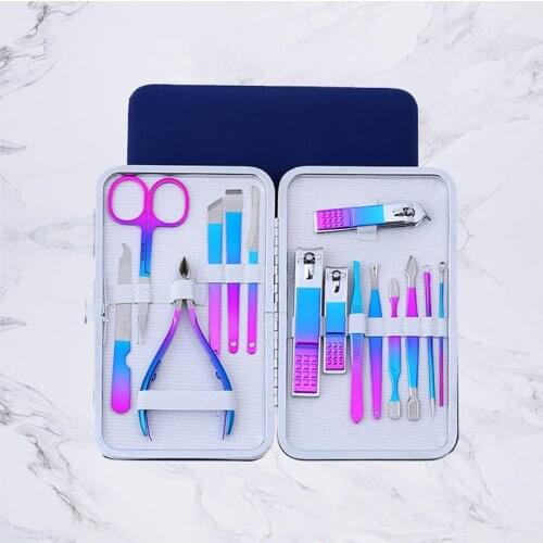 1 Set Rainbow Manicure Nail Kits Stainless Steel Clippers Cutter Pliers Sanding File Acne Needle Toenail Grooming Sets