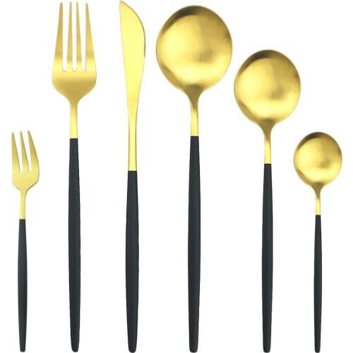 6Pcs Matte Black Gold Dinnerware Cutlery Set Knife Cake Fork Tea Dessert Spoon Tableware Stainless Steel Flatware Silverware Set