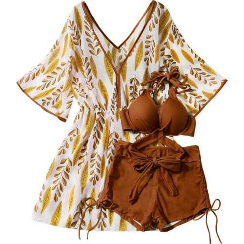 2021 New Women Bandage Bikini Set Bathing Suit with Cover Up Summer Sexy Swimming Beachwear Biquini Swimsuit Push Up Swim Suits