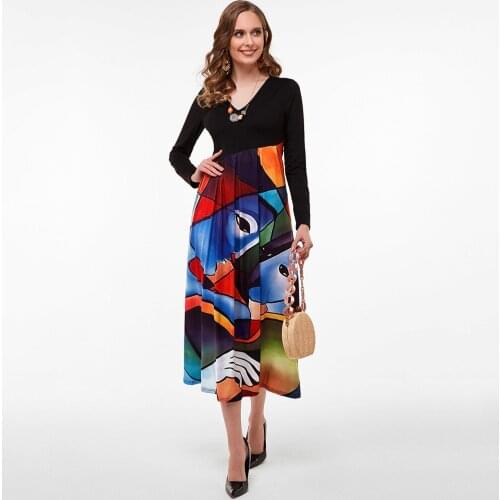 2021 dress v-neck color long sleeve print stitching temperament dress long skirt
