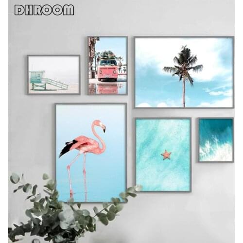 Coastal Landscape Poster Print Beach Ocean Wall Art Flamingo Canvas Poster Painting Nordic Decoration Picture for Living Room