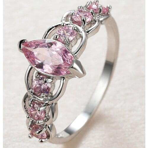Marquise Pink Stone Ring Luxury Engagement Rings For Women Wedding Jewelry Vintage Fashion Silver Color Crystal Zircon Ring Gift