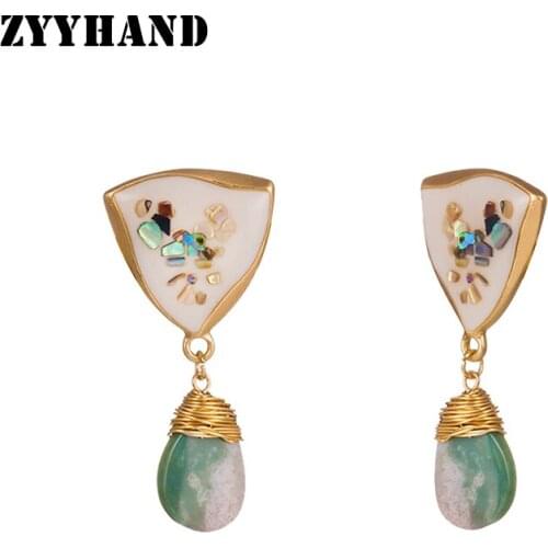 Abalone Triangle Natural Stone Drop Earrings Women Golden Color Wrap Handmade DIY Romantic Party Girl Jewelry
