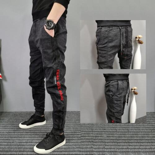 Vintage Jeans Mens Korean Fashion Pants Skinny Pants Slimming Teen Pants Male Students Winter Ankle-Tied Trousers Black Jeans