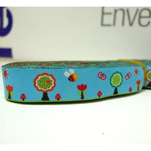 5/8'' 16mm Wide Bees & Flowers Blue Tone Woven Jacquard Ribbon For Dog Collar Free Shipping