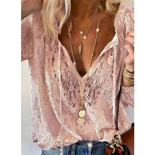 Chemise oversize femme Solid long sleeve v neck lace blouse Pink white black green blue khaki plus size tops