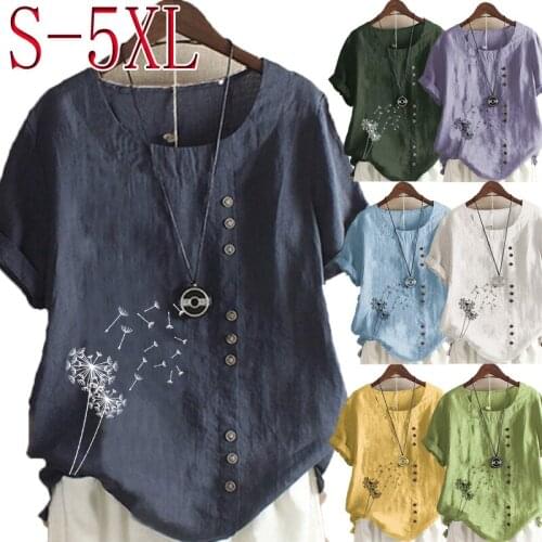Summer Womens Dandelion Printed Short Sleeve Round Neck T-shirt Ladies Casual Linen Shirts Plus Size Blouse Tops S-5XL